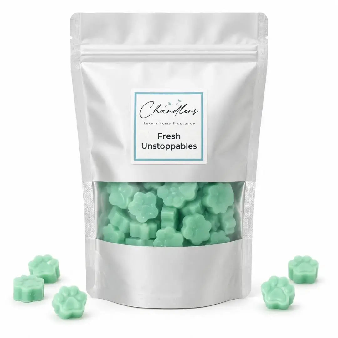 Fresh Unstoppables wax melt scoopies in a clear window pouch with mint green paw-shaped wax melts on a white background