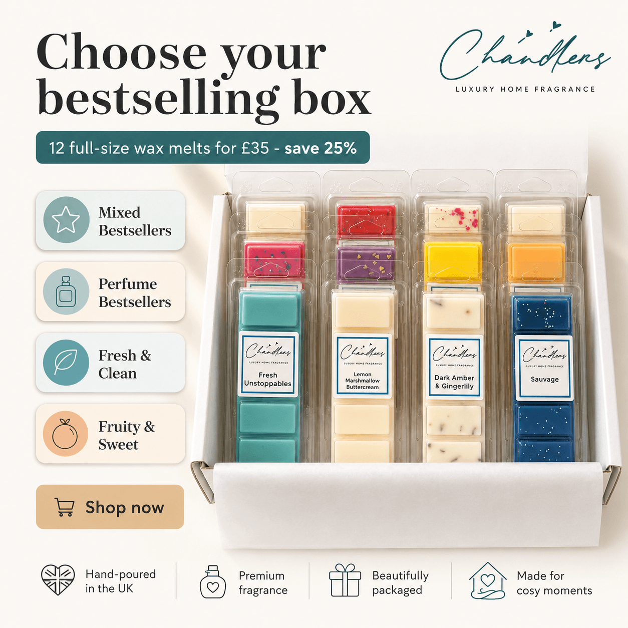 Wax melt bestsellers bundle with mixed soy wax melt scents by Chandlers