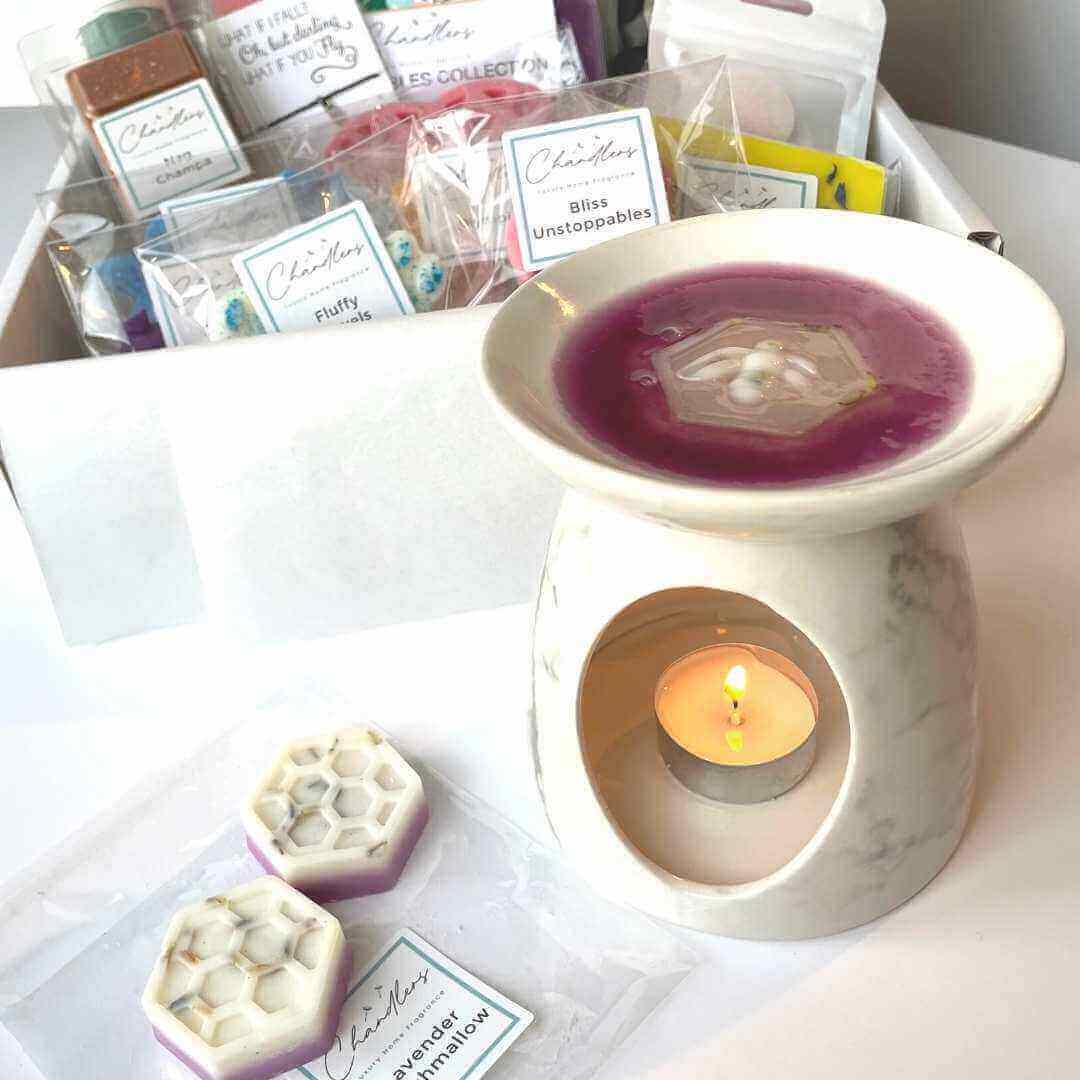 Soy wax melts by Chandlers with a wax burner, explaining whether wax melts are toxic when used safely at home
