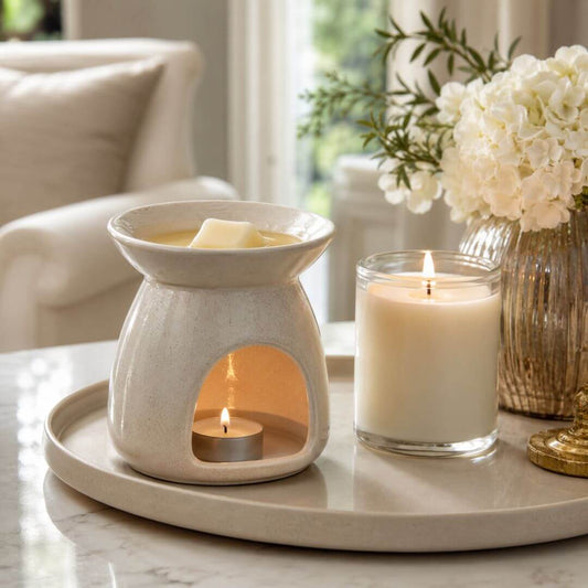 Soy wax melts in a wax burner showing the difference between wax melts and candles for home fragrance