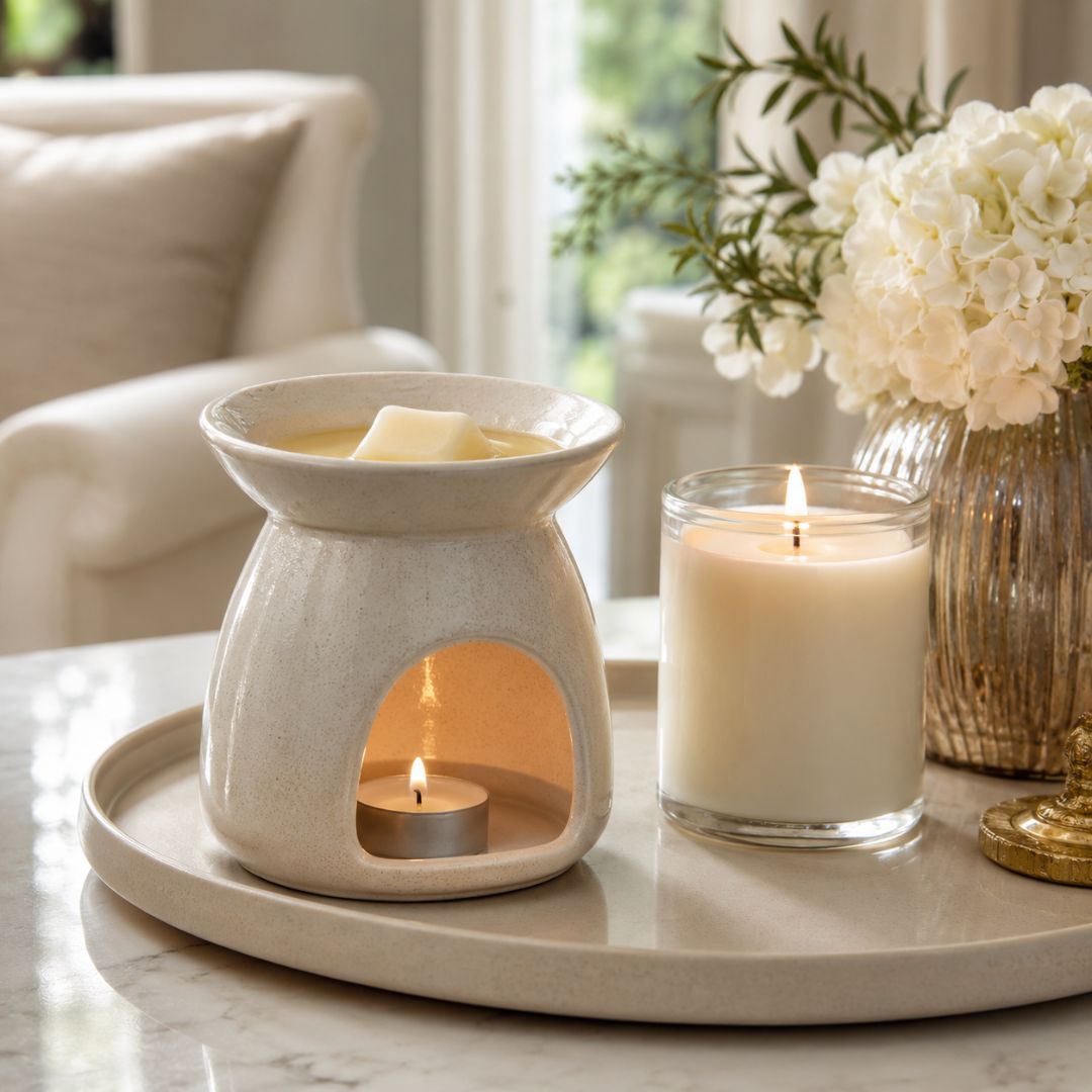 Soy wax melts in a wax burner showing the difference between wax melts and candles for home fragrance