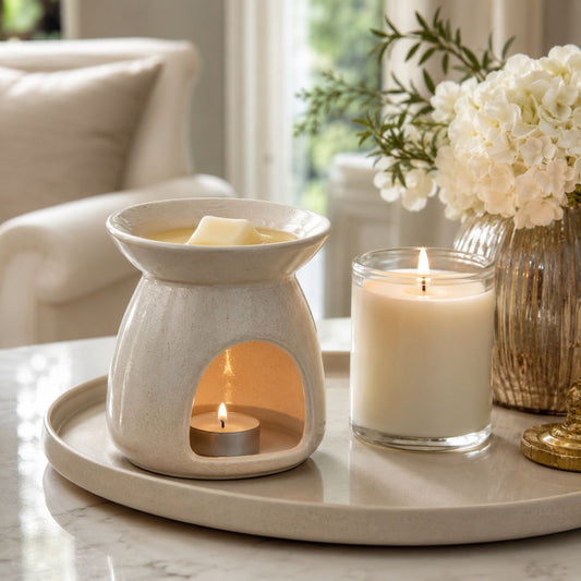 Soy wax melts in a wax burner showing the difference between wax melts and candles for home fragrance
