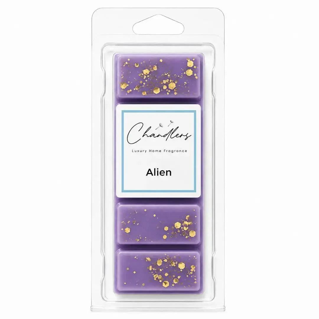 Alien wax melts in clear clamshell packaging by Chandlers Wax Melts inspired by Mugler