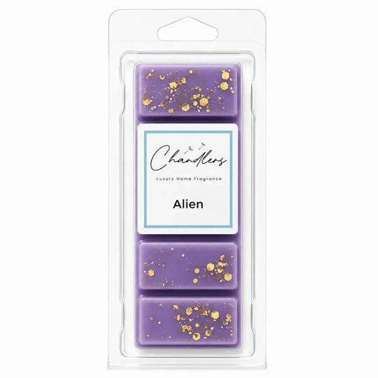 Alien wax melts in clear clamshell packaging by Chandlers Wax Melts inspired by Mugler