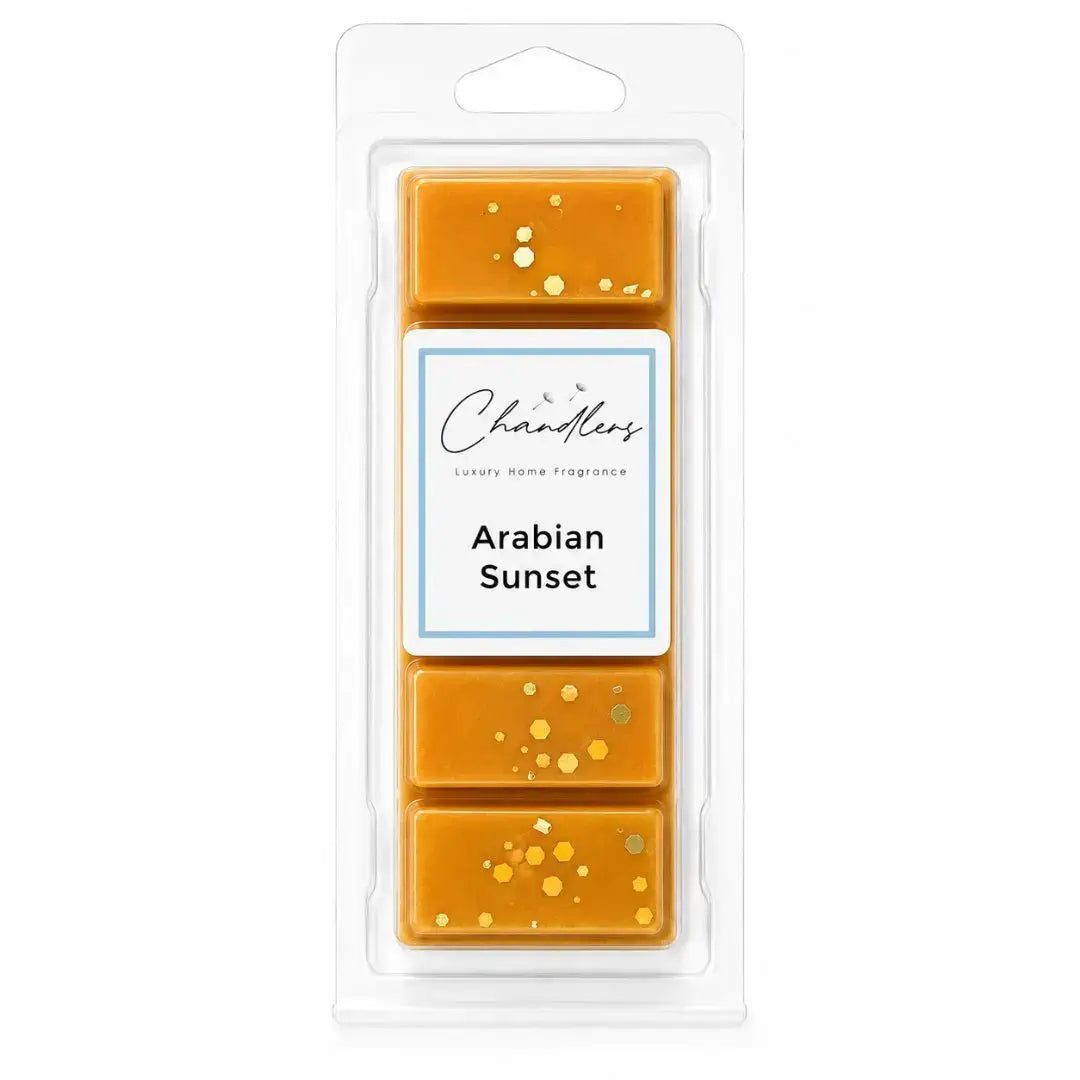 Arabian Sunset luxury dubai wax melts in amber orange wax with gold glitter by Chandlers