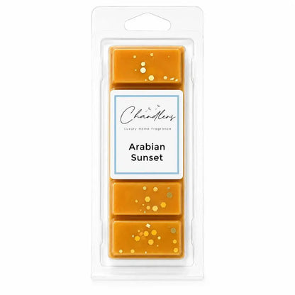 Arabian Sunset luxury dubai wax melts in amber orange wax with gold glitter by Chandlers