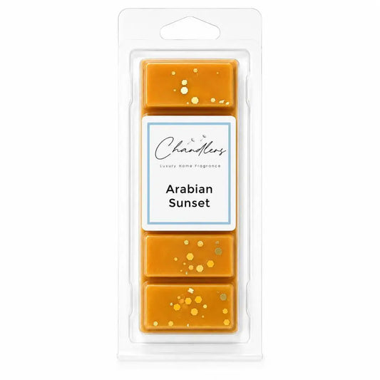 Arabian Sunset luxury dubai wax melts in amber orange wax with gold glitter by Chandlers