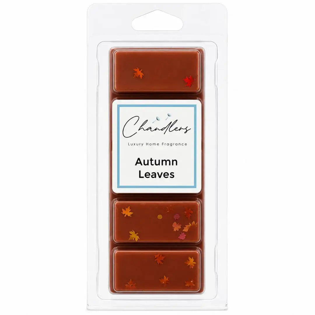 Autumn Leaves wax melt snapbar in clear packaging by Chandlers Wax Melts, a cosy autumn home fragrance.