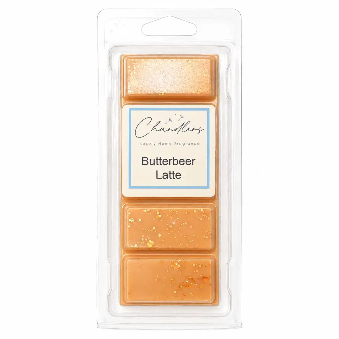 Butterbeer Latte wax melt snapbar in clear packaging by Chandlers Wax Melts, a cosy Christmas home fragrance.