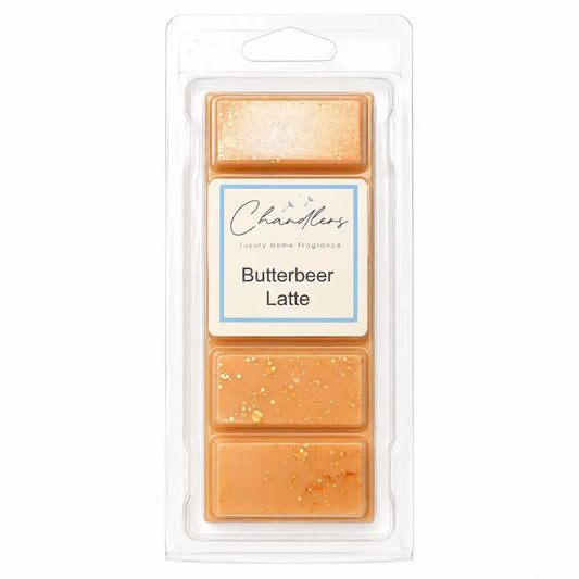 Butterbeer Latte wax melt snapbar in clear packaging by Chandlers Wax Melts, a cosy Christmas home fragrance.
