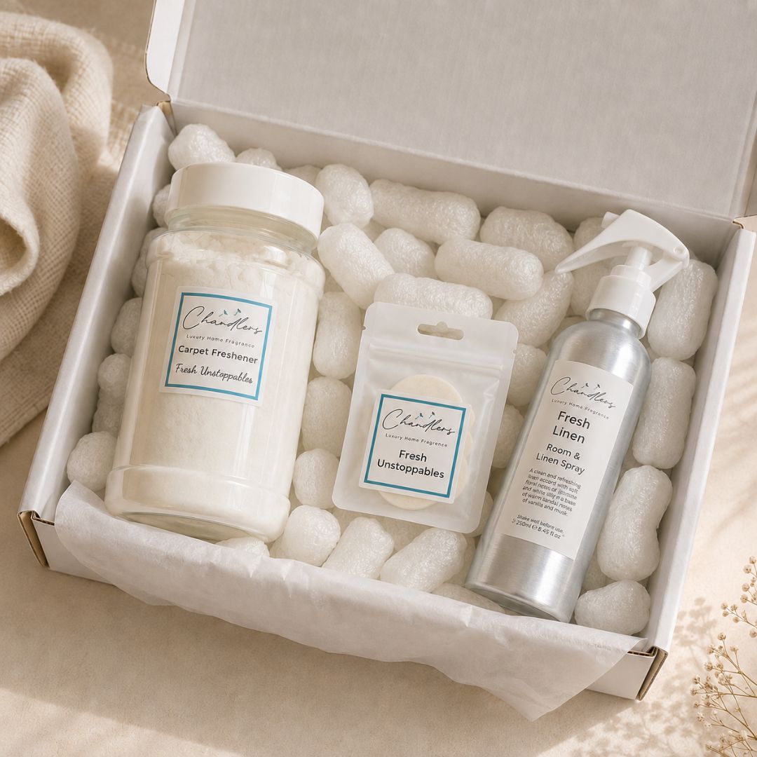 Home fragrance bundle with room spray, carpet freshener powder and scented Hoover discs in a gift box