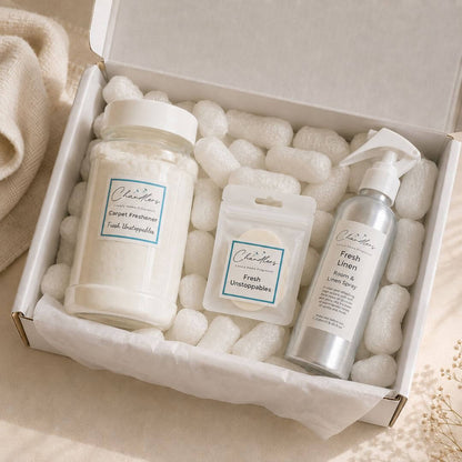 Home fragrance bundle with room spray, carpet freshener powder and scented Hoover discs in a gift box