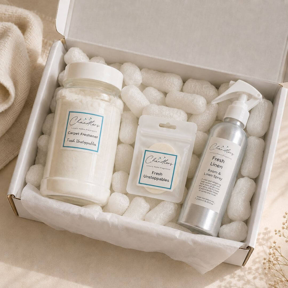 Home fragrance bundle with room spray, carpet freshener powder and scented Hoover discs in a gift box