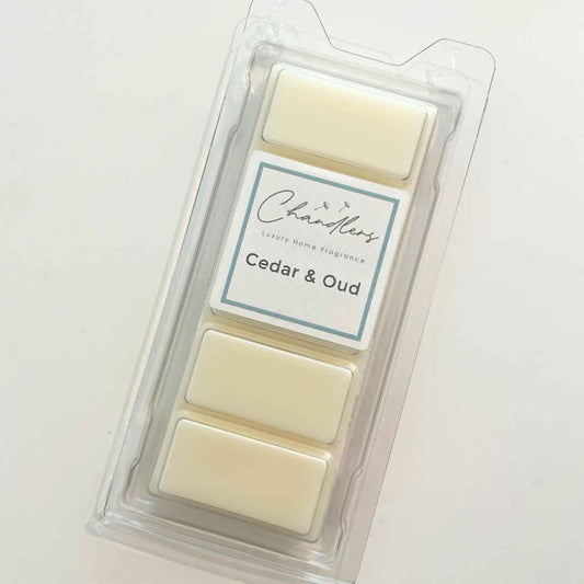 Cedar and Oud wax melt snapbar by Chandlers with rich woody cedar, leather and tobacco fragrance