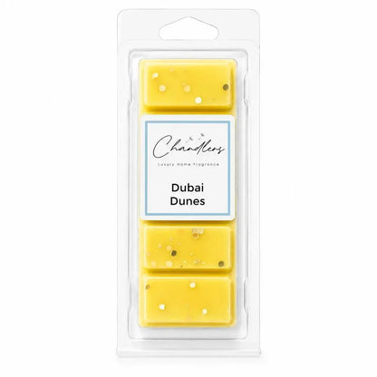 Dubai Dunes luxury dubai wax melts in yellow wax with gold glitter by Chandlers
