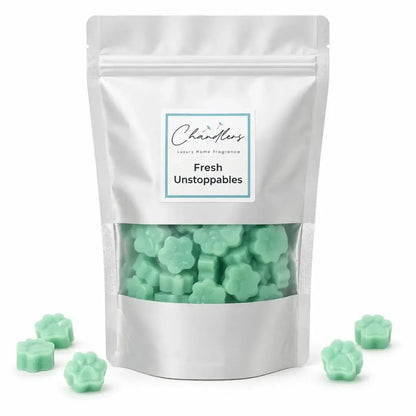 Fresh Unstoppables wax melt scoopies in a clear window pouch with mint green paw-shaped wax melts on a white background