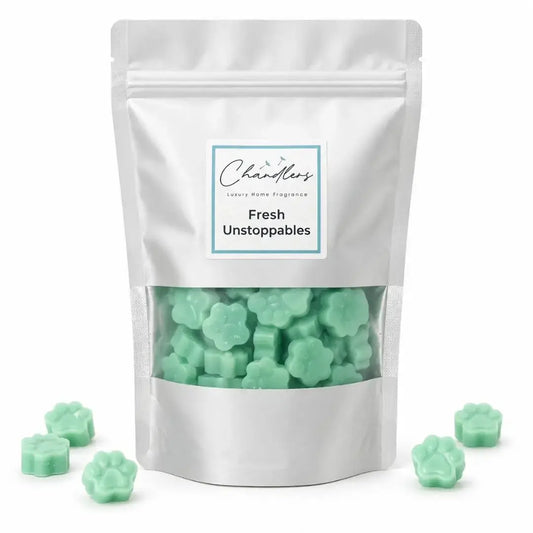 Fresh Unstoppables wax melt scoopies in a clear window pouch with mint green paw-shaped wax melts on a white background