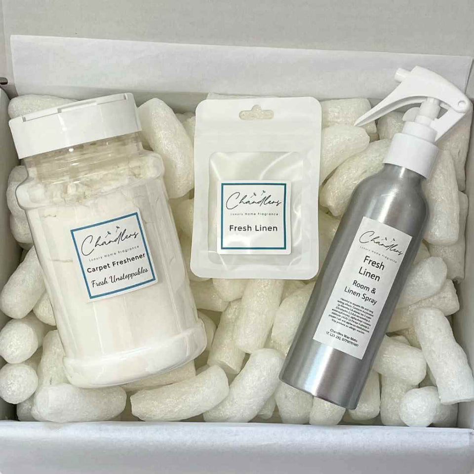 Fresh Linen home fragrance bundle with carpet freshener, room spray and Hoover discs