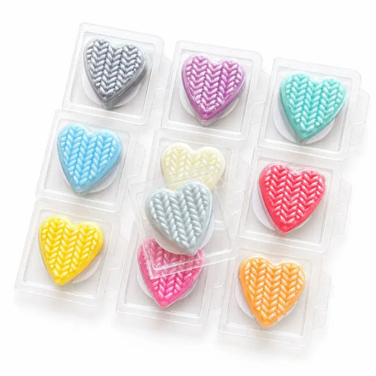 Pack of 10 Colourful heart shaped wax melt samples in clear packaging by Chandlers Wax Melts