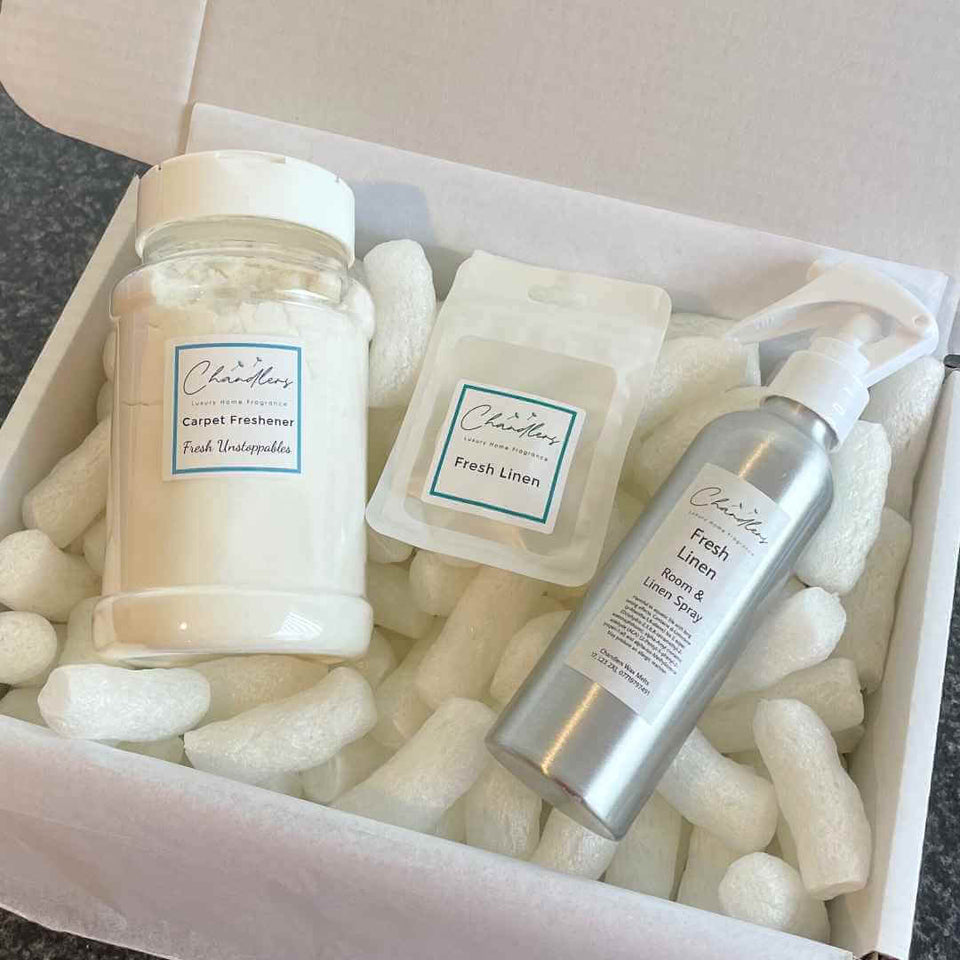Luxury home fragrance gift box with room spray, carpet powder and vacuum fresheners