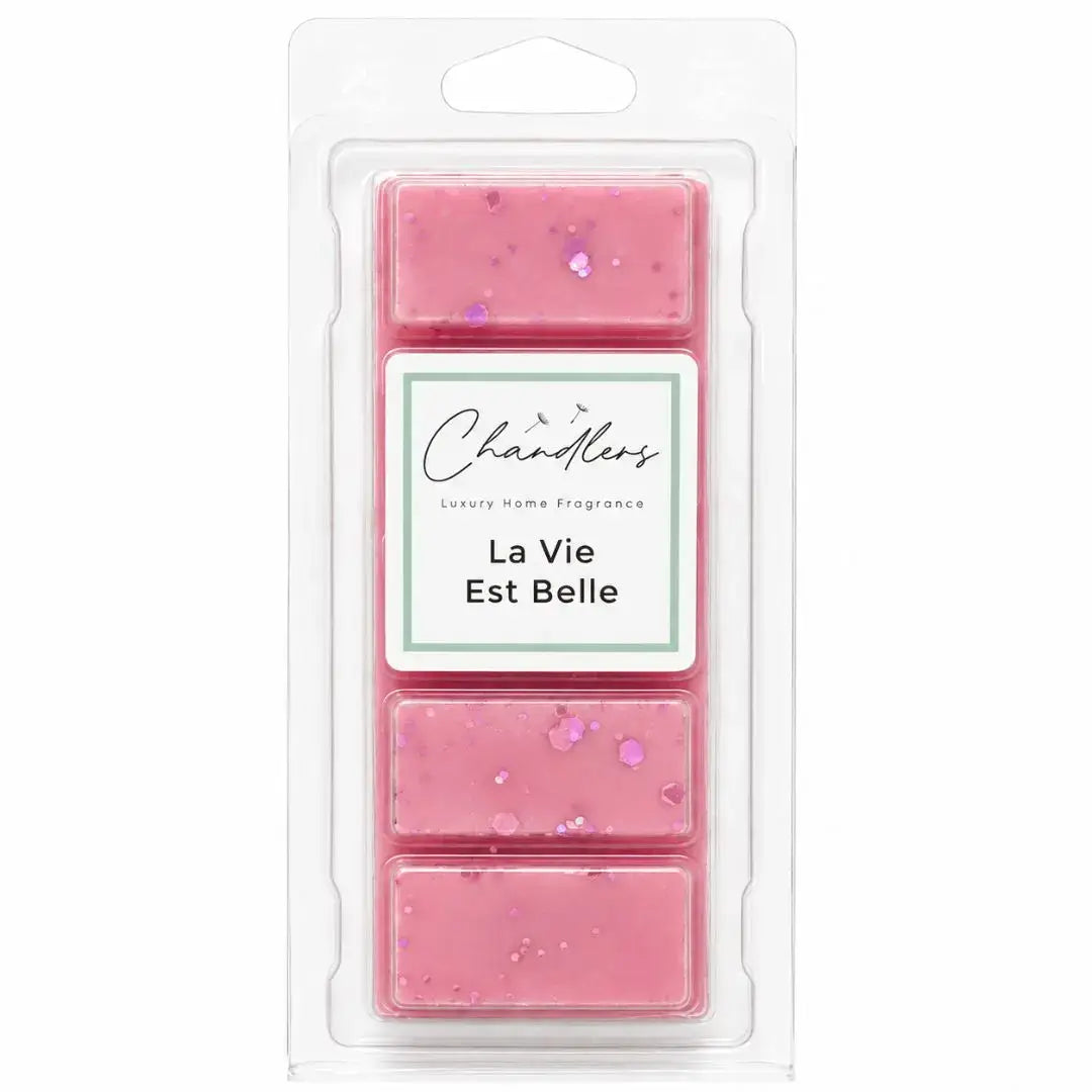 La Vie Est Belle wax melts in clear clamshell packaging by Chandlers Wax Melts inspired by Lancome
