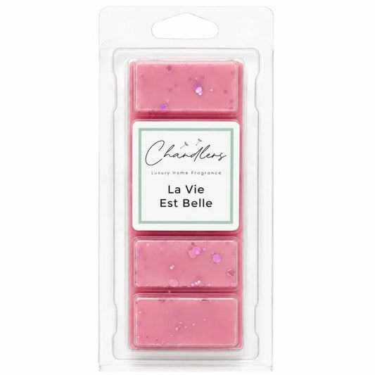 La Vie Est Belle wax melts in clear clamshell packaging by Chandlers Wax Melts inspired by Lancome