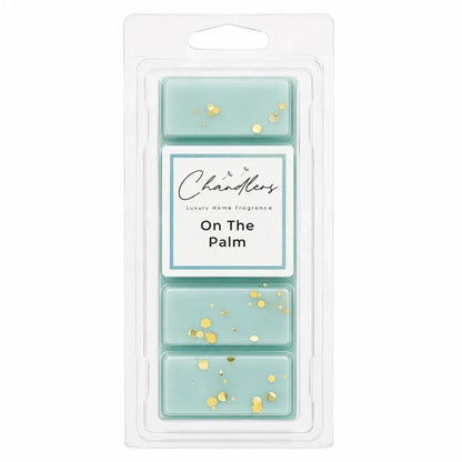 On The Palm luxury dubai wax melts in pale aqua wax with gold glitter by Chandlers