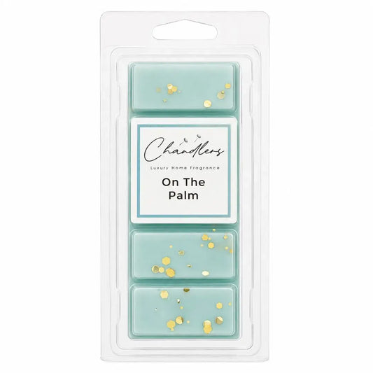 On The Palm luxury dubai wax melts in pale aqua wax with gold glitter by Chandlers