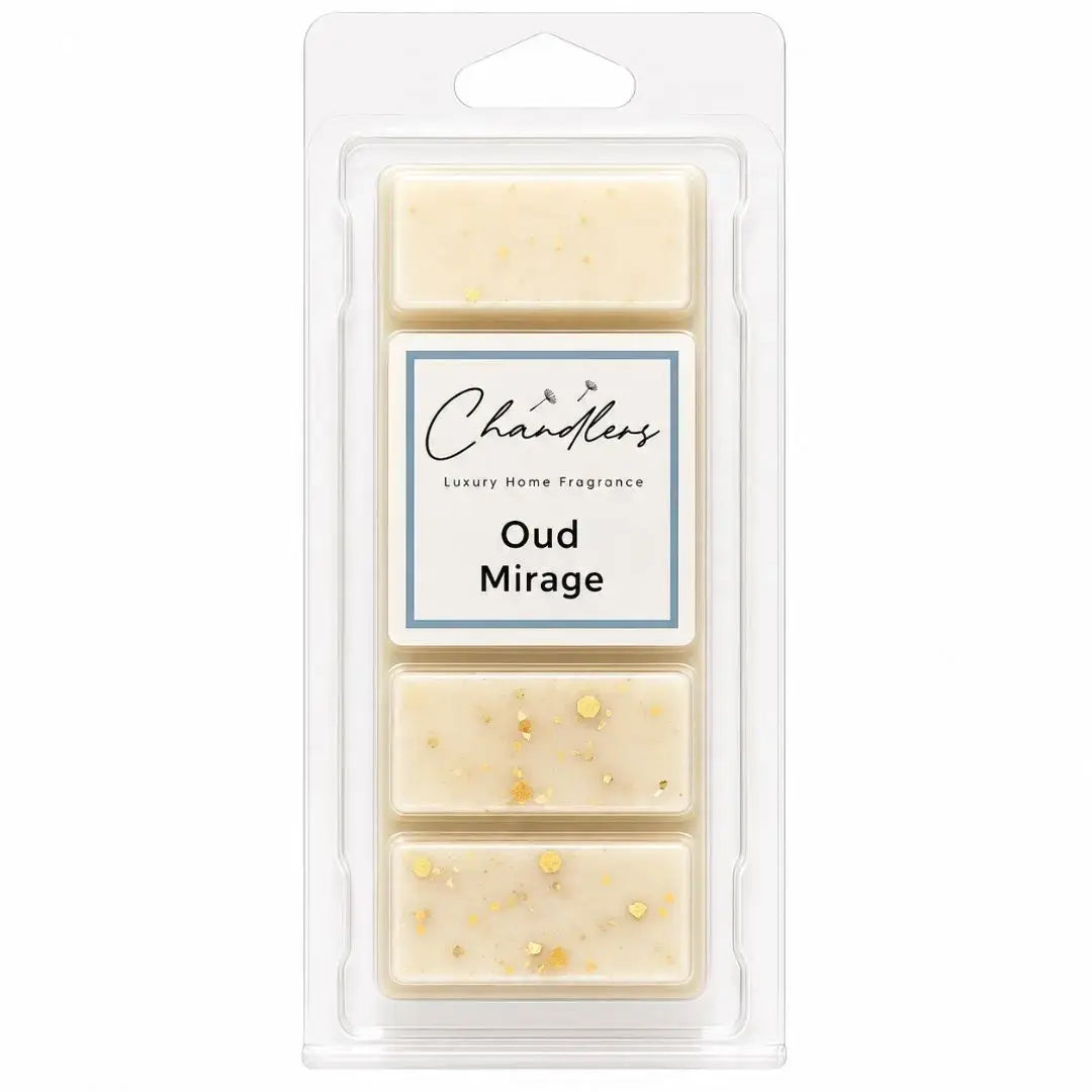 Oud Mirage luxury dubai wax melts in creamy ivory wax with gold glitter by Chandlers