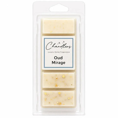 Oud Mirage luxury dubai wax melts in creamy ivory wax with gold glitter by Chandlers