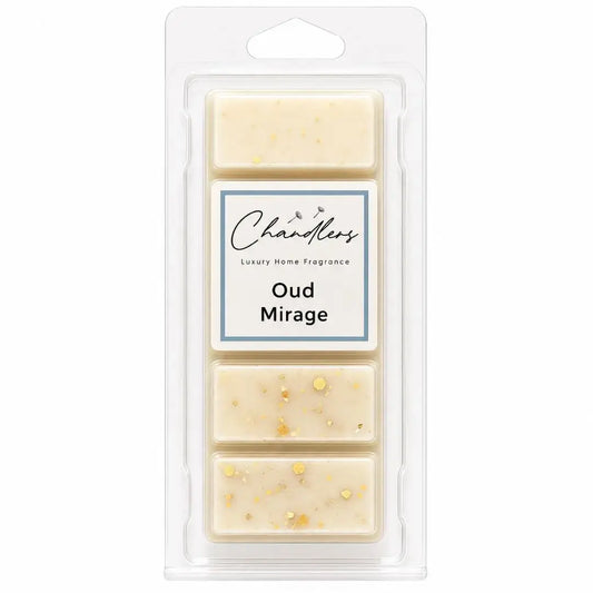 Oud Mirage luxury dubai wax melts in creamy ivory wax with gold glitter by Chandlers