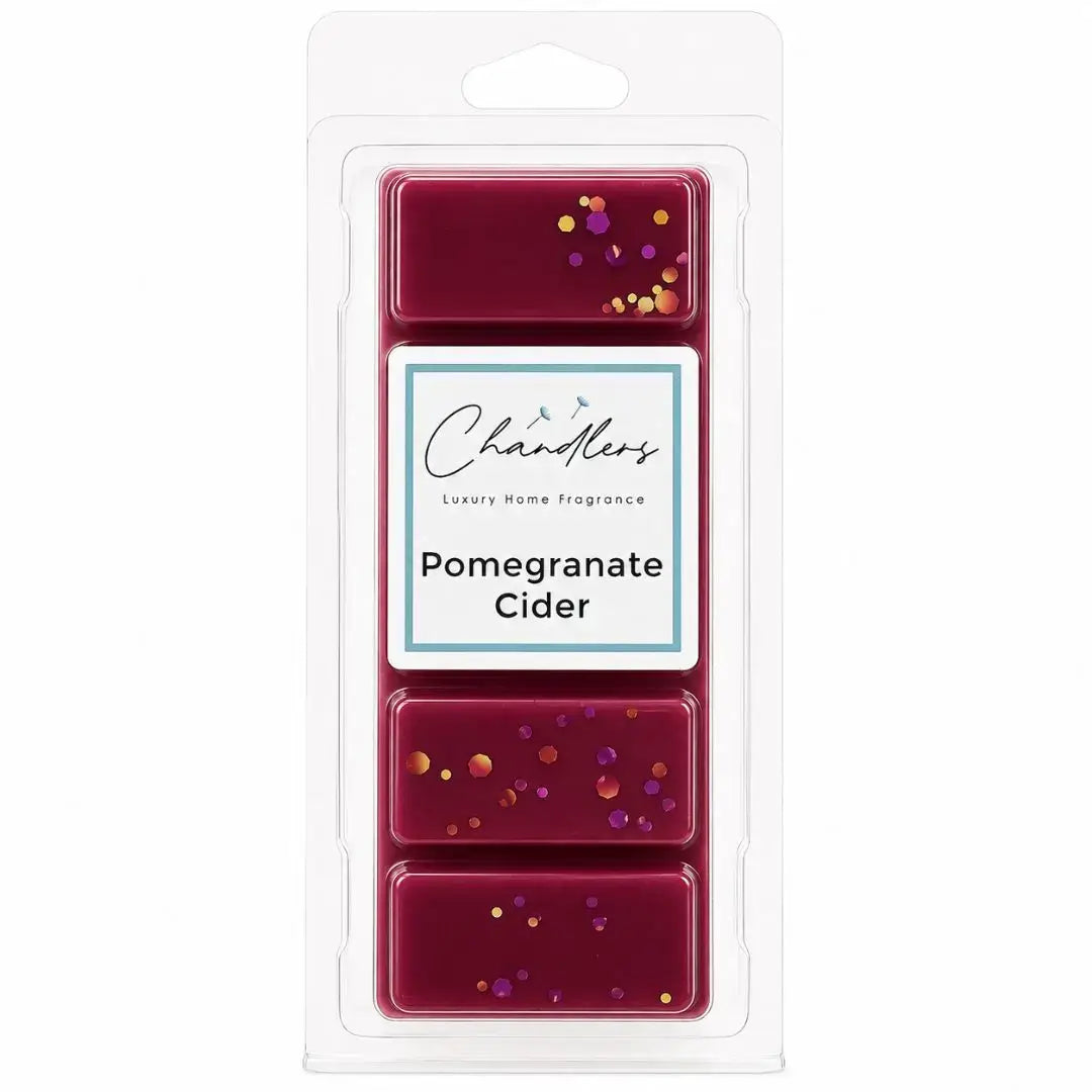 Pomegranate Cider wax melt snapbar in clear packaging by Chandlers Wax Melts, a rich fruity autumn home fragrance.