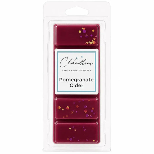 Pomegranate Cider wax melt snapbar in clear packaging by Chandlers Wax Melts, a rich fruity autumn home fragrance.