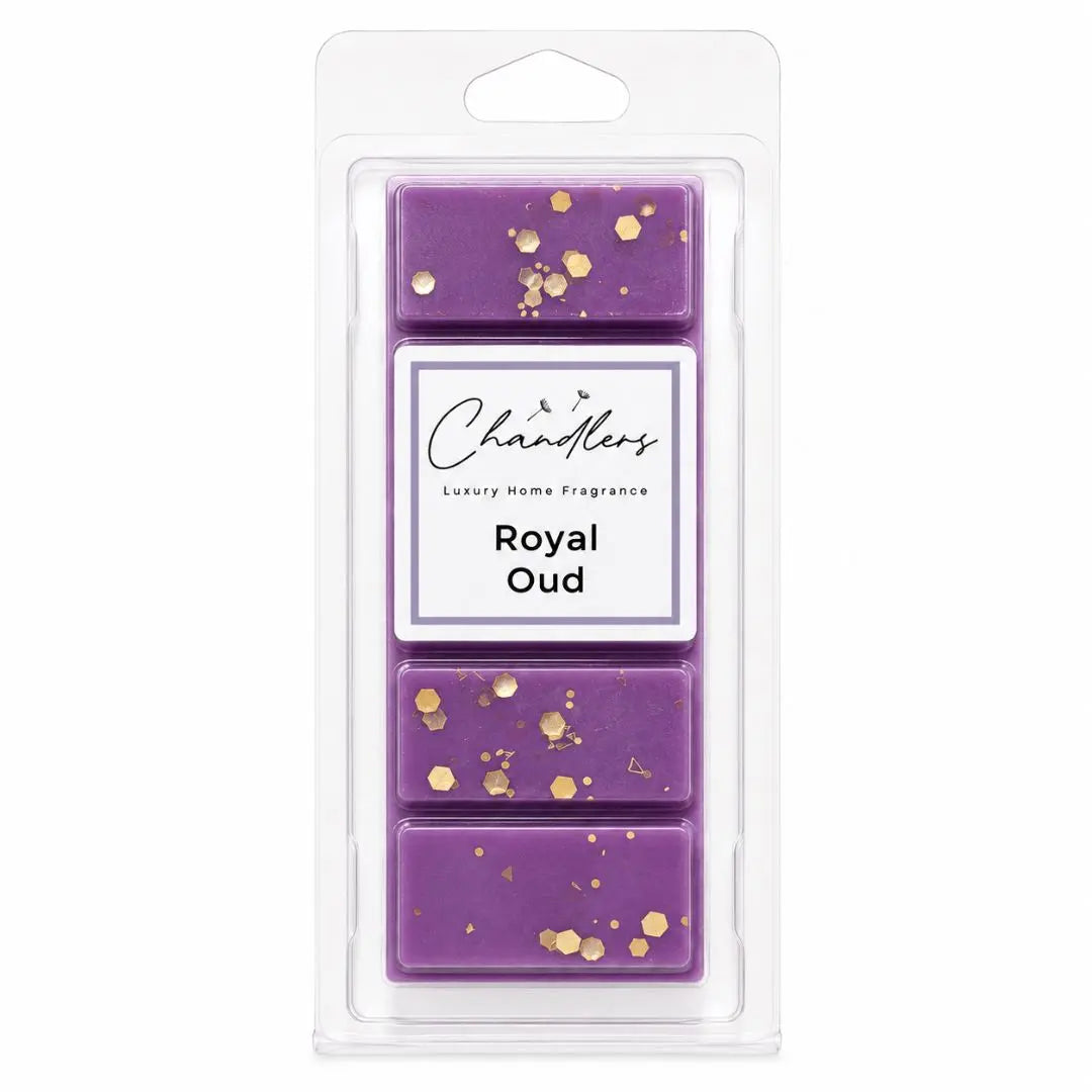 Royal Oud luxury dubai wax melts in purple wax with gold glitter by Chandlers