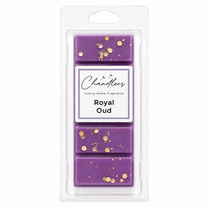 Royal Oud luxury dubai wax melts in purple wax with gold glitter by Chandlers
