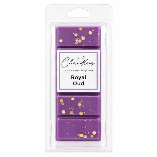 Royal Oud luxury dubai wax melts in purple wax with gold glitter by Chandlers