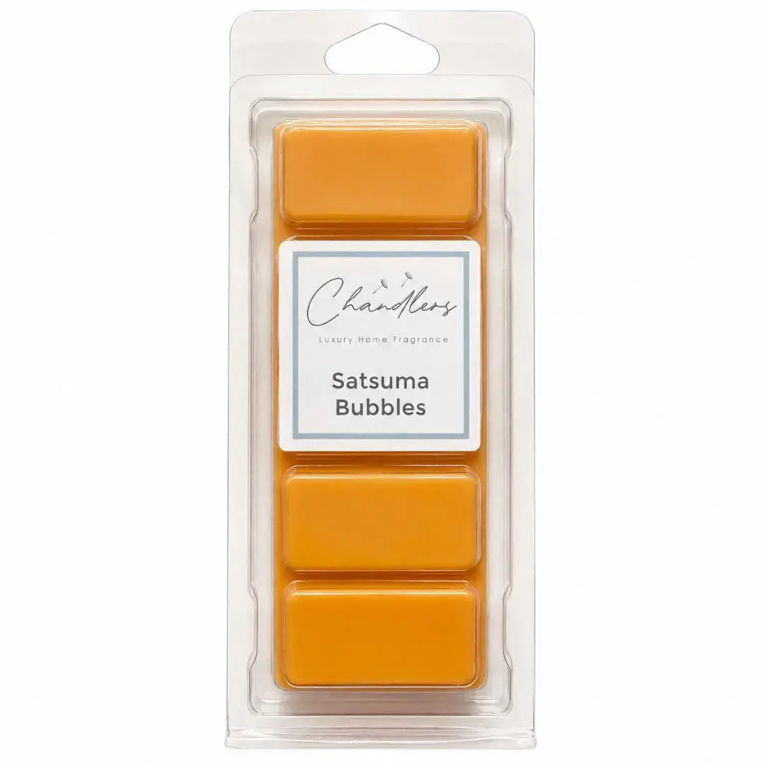 Satsuma Bubbles wax melt snapbar in clear packaging by Chandlers Wax Melts, a bright citrus Christmas home fragrance.