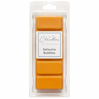 Satsuma Bubbles wax melt snapbar in clear packaging by Chandlers Wax Melts, a bright citrus Christmas home fragrance.