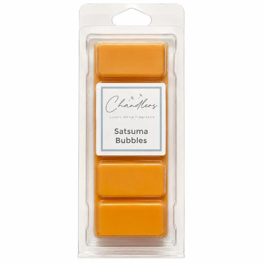 Satsuma Bubbles wax melt snapbar in clear packaging by Chandlers Wax Melts, a bright citrus Christmas home fragrance.
