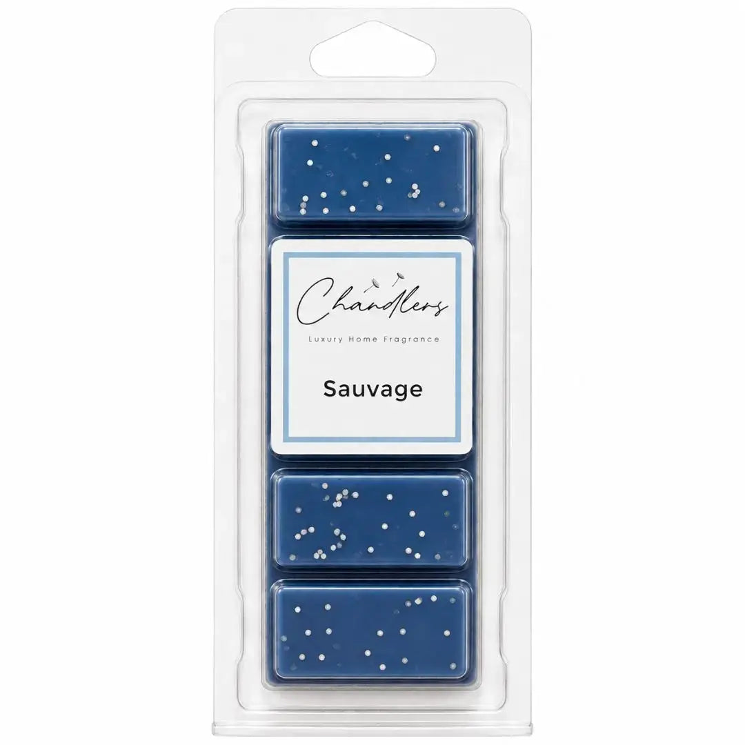 Sauvage wax melts in clear clamshell packaging by Chandlers Wax Melts inspired by Dior