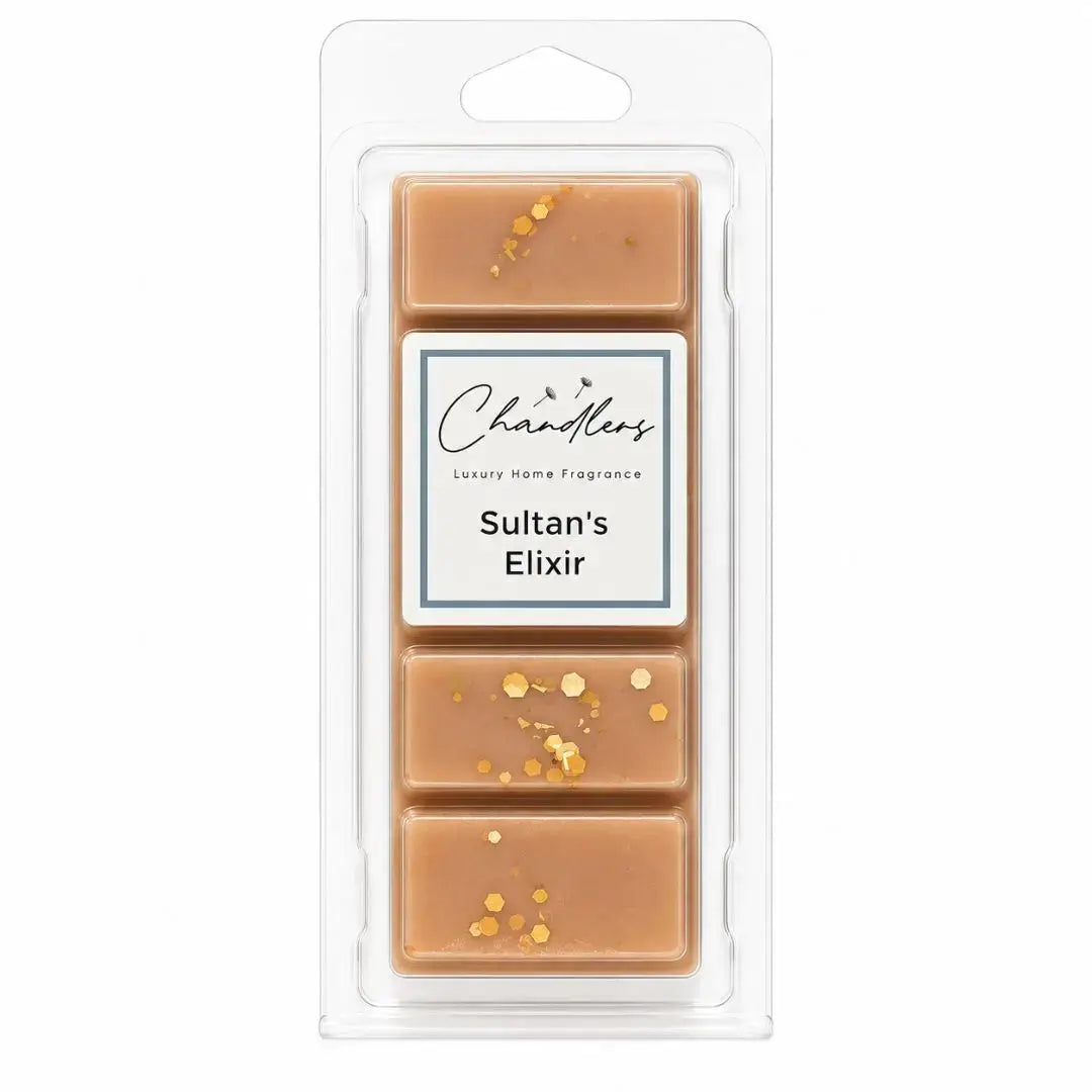 Sultan’s Elixir luxury dubai wax melts in warm bronze wax with gold glitter by Chandlers