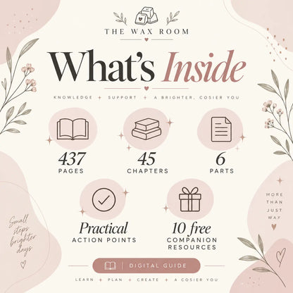 What’s inside The Wax Room wax melt business guide, including 437 pages, 45 chapters, 6 parts, practical action points and 10 free companion resources.