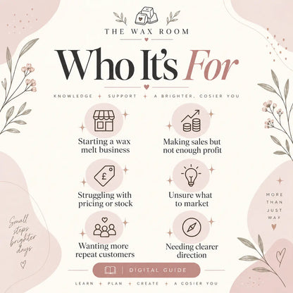 Who The Wax Room wax melt business guide is for, including new wax melt businesses, makers struggling with profit, pricing, stock, marketing and repeat customers.