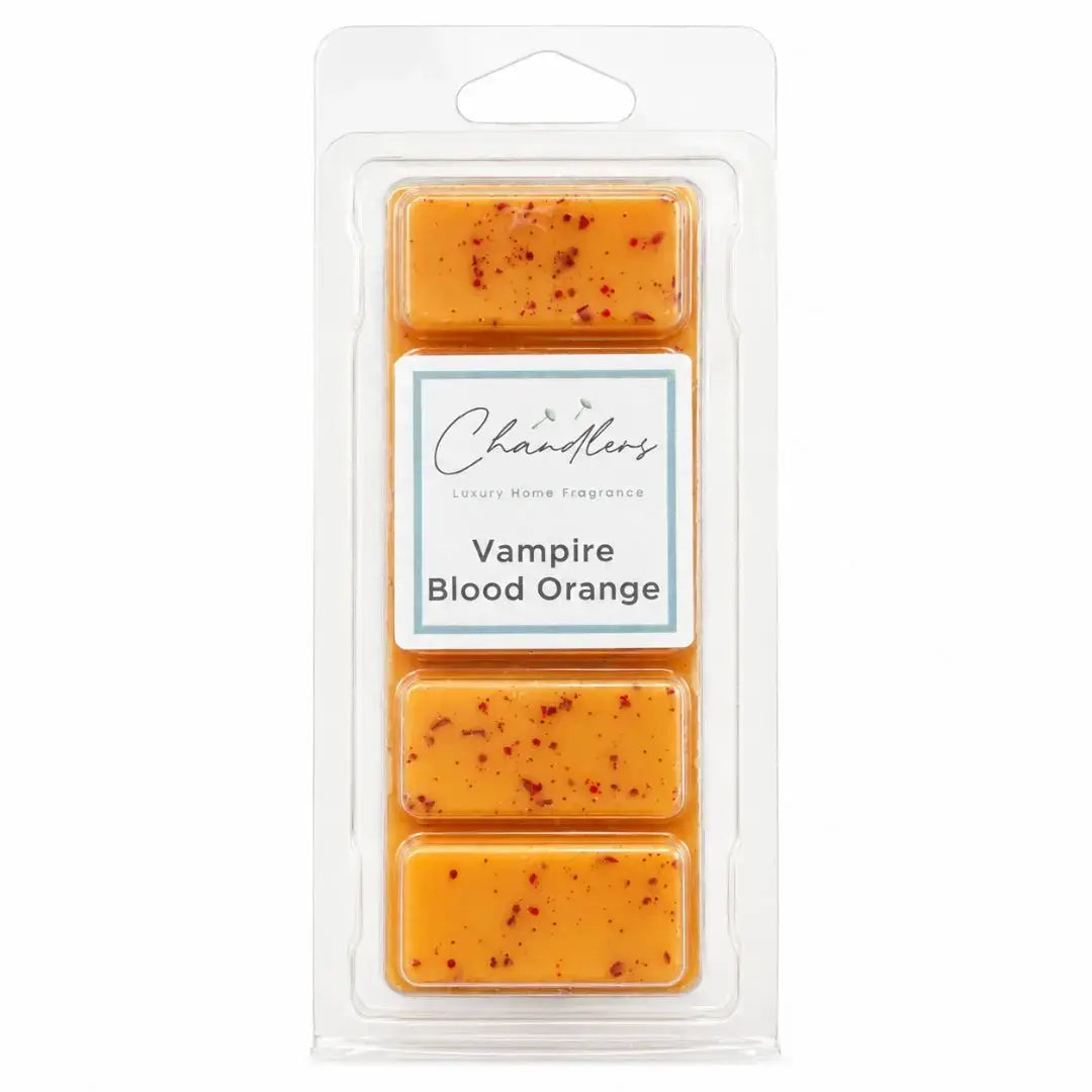 Vampire Blood Orange wax melt snapbar in clear packaging by Chandlers Wax Melts, a fruity Halloween home fragrance.