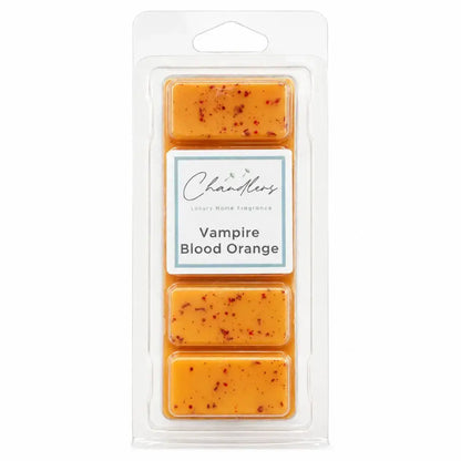 Vampire Blood Orange wax melt snapbar in clear packaging by Chandlers Wax Melts, a fruity Halloween home fragrance.