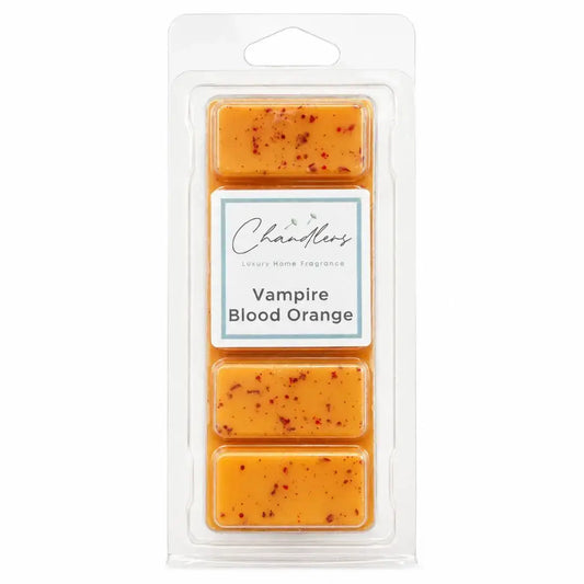 Vampire Blood Orange wax melt snapbar in clear packaging by Chandlers Wax Melts, a fruity Halloween home fragrance.