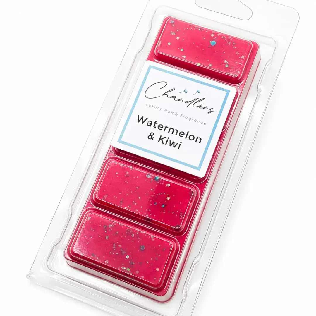 Watermelon and Kiwi fruity wax melt snapbar with glitter by Chandlers Wax Melts